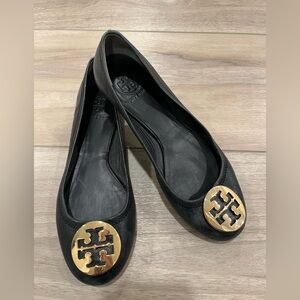 Tory Burch Black Flats with Gold Emblem Size 8